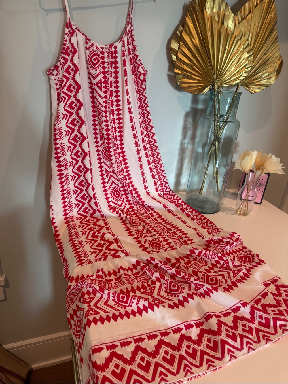 Red & White Patterned Maxi Dress